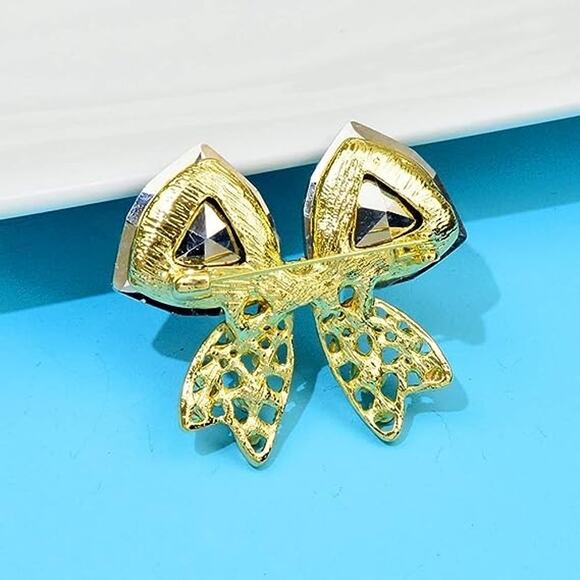 Broach Gold Rhinestone Bow with Gold Trim - Picture 3 of 3